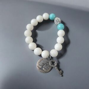 White and Turquoise Beaded Bracelet with Tree Charm